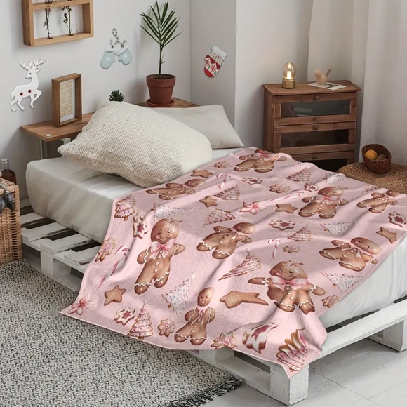 Contemporary Flannel Throw Blanket with Gingerbread & Candy Cane Pattern - Picture 7 of 7